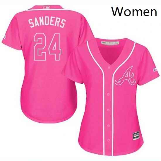 Womens Majestic Atlanta Braves 24 Deion Sanders Replica Pink Fashion Cool Base MLB Jersey
